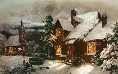 Igreja e casa de campo com janelas iluminadas